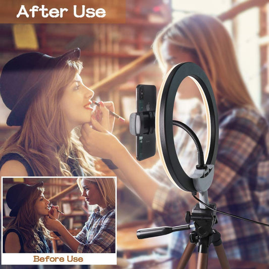 Professional 10-inch LED Ring Fill Light with Universal Phone Holder & Dimmable Lighting Modes