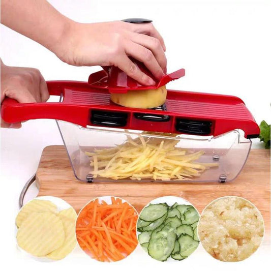 10-in-1 Kitchen Vegetable Cutting Tool – Mandoline Slicer with Stainless Steel Blade, Manual Peeler, Cheese Grater & Dicer – Pink (Comes with Box)