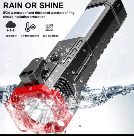 High-Power LED Rechargeable Torch – Flashlight with Tactical Hammer and Built-In Power Bank, Delivering Bright Illumination (Random Color)