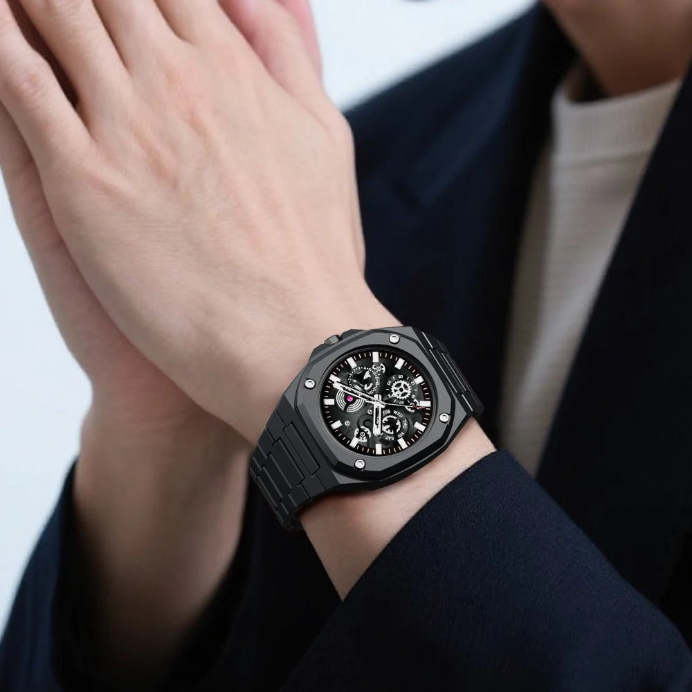 Premium Black Stainless Steel Men’s Timepiece – Multi-Dial Luxury Watch, Water-Resistant (Box Included)